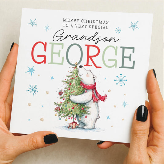 Personalised Christmas Card for son, Grandson, Nephew, Him, Granddaughter, Daughter, Niece, Her, Christmas tree card, Polar bear