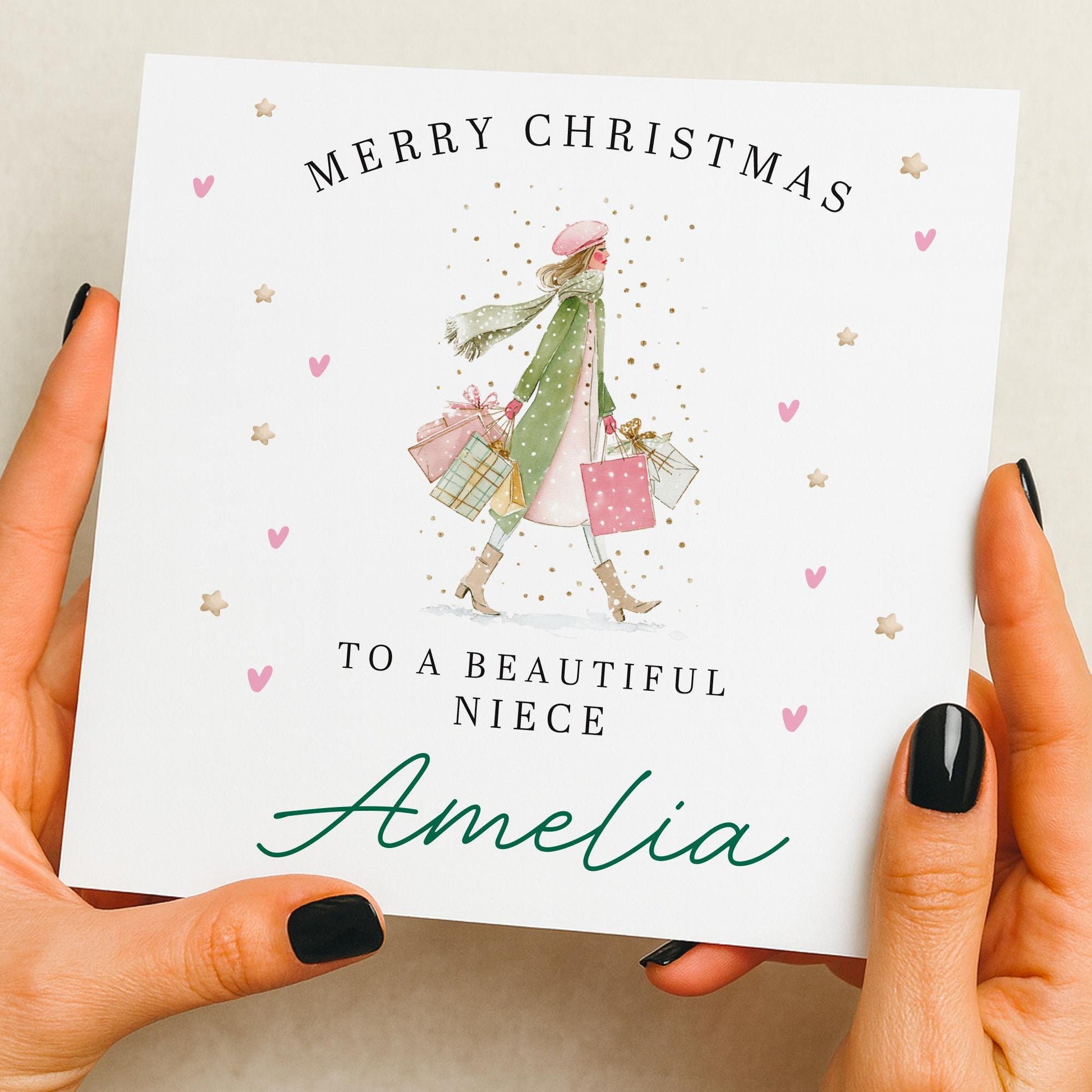 Christmas Card for Niece, Granddaughter Christmas, Daughter Christmas card, Sister card, Snow Shopping scene, Older girl, teenager, adult