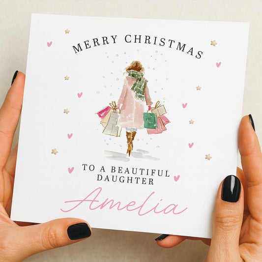 Christmas Card for Daughter, Granddaughter Christmas, Niece Christmas card, Sister card, Snow Shopping scene, Older girl, teenager, adult