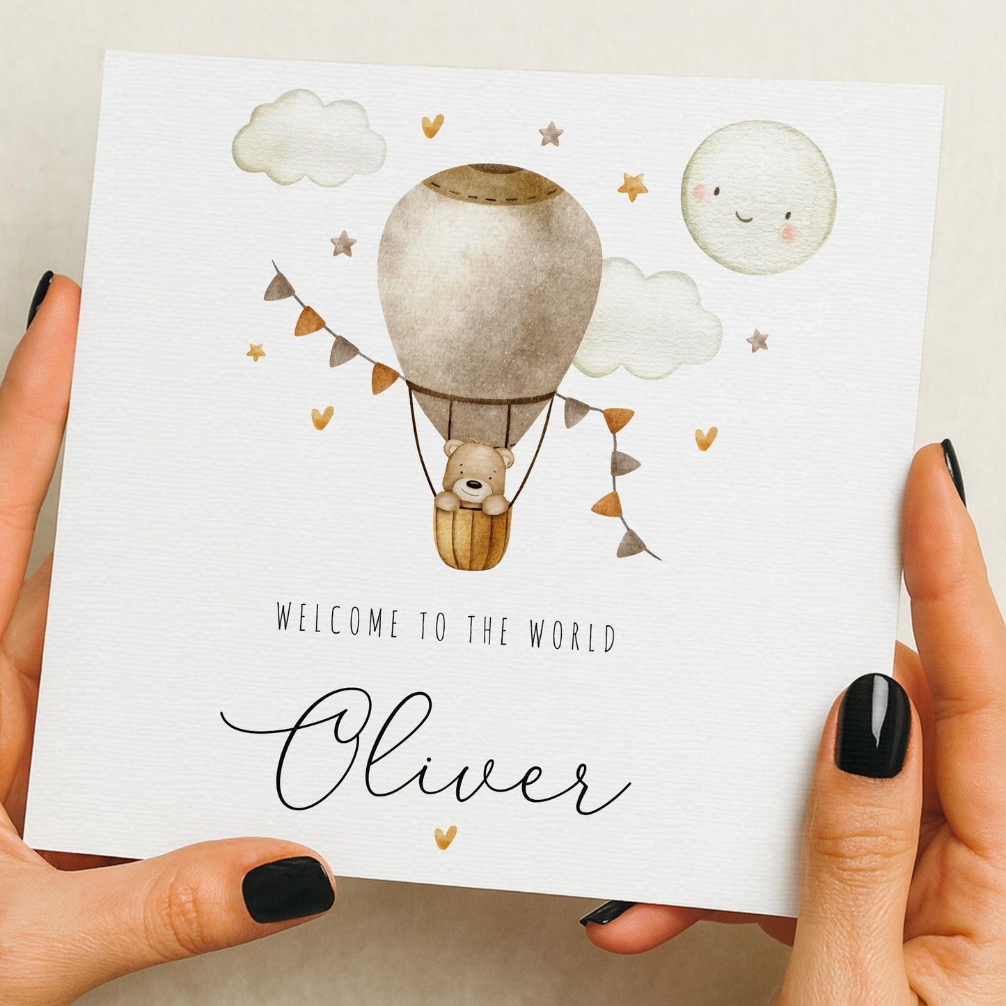 Personalised New Baby Card, Welcome To The World Card, Air balloon Design, Newborn baby boy, girl, Congratulations New Parents