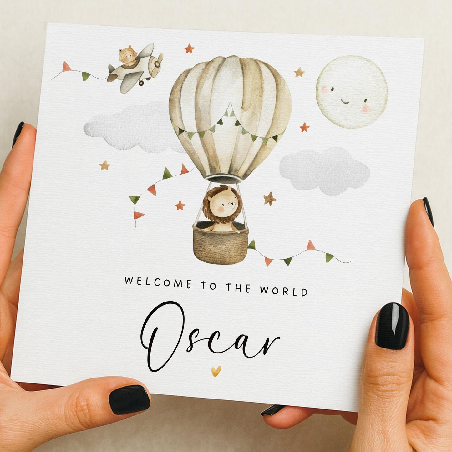 Personalised Baby Card, Baby Girl Card, New Baby Boy Card, Welcome To The World Card, Hot air Balloon, New Baby Gifts, Girl Newborn Card