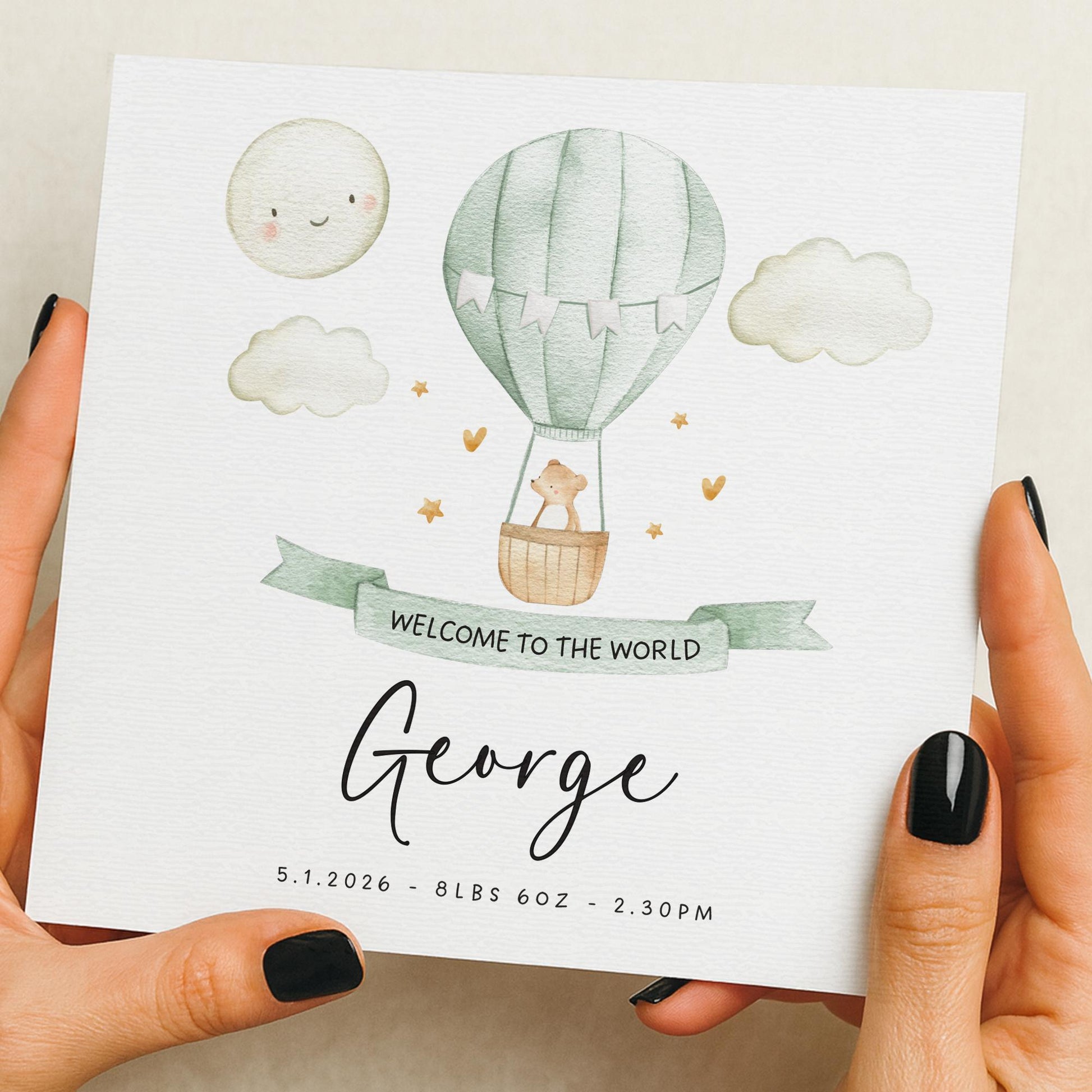 Personalised Baby Card, Baby Girl Card, New Baby Boy Card, Welcome To The World Card, Hot air Balloon, New Baby Gifts, Girl Newborn Card