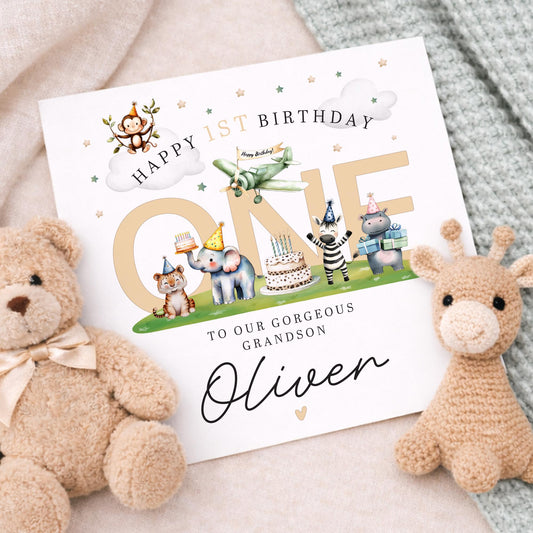 Animal 1st Birthday Card For Boy, Grandson, Son 1st Birthday Card, Special First Birthday Gift, First Birthday Card, Nephew 1st Birthday