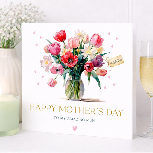 Mother's day card | mothers day | Floral Tulip mum | mummy | from daughter or son | card for nan, grandmother, 350gsm high quality luxury