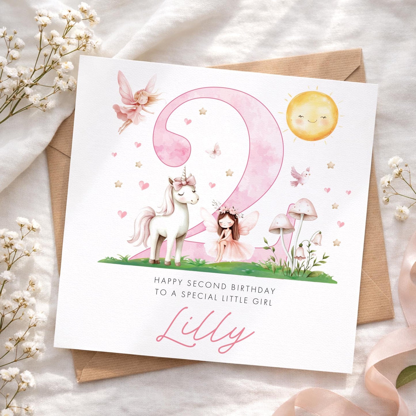 2nd Birthday Card Girl, Fairy Unicorn, Personalised Birthday Card, Girl Birthday Gift, Princess Card, Niece Granddaughter 2nd Celebration