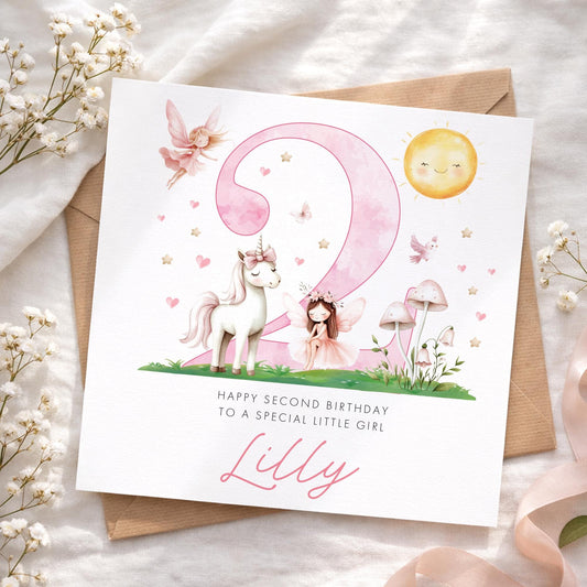 2nd Birthday Card Girl, Fairy Unicorn, Personalised Birthday Card, Girl Birthday Gift, Princess Card, Niece Granddaughter 2nd Celebration