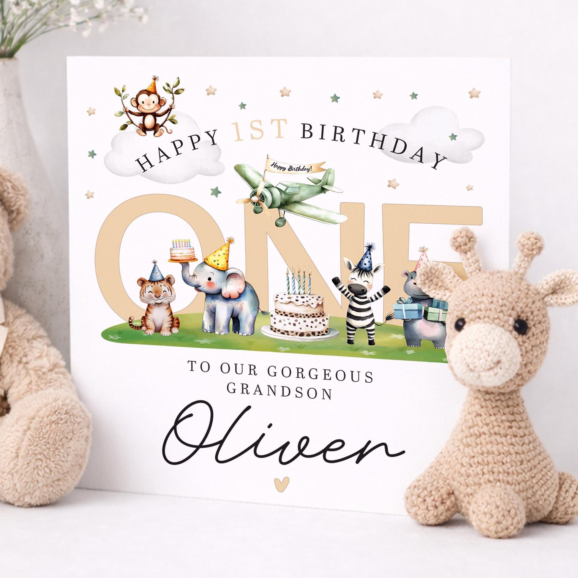 Animal 1st Birthday Card For Boy, Grandson, Son 1st Birthday Card, Special First Birthday Gift, First Birthday Card, Nephew 1st Birthday