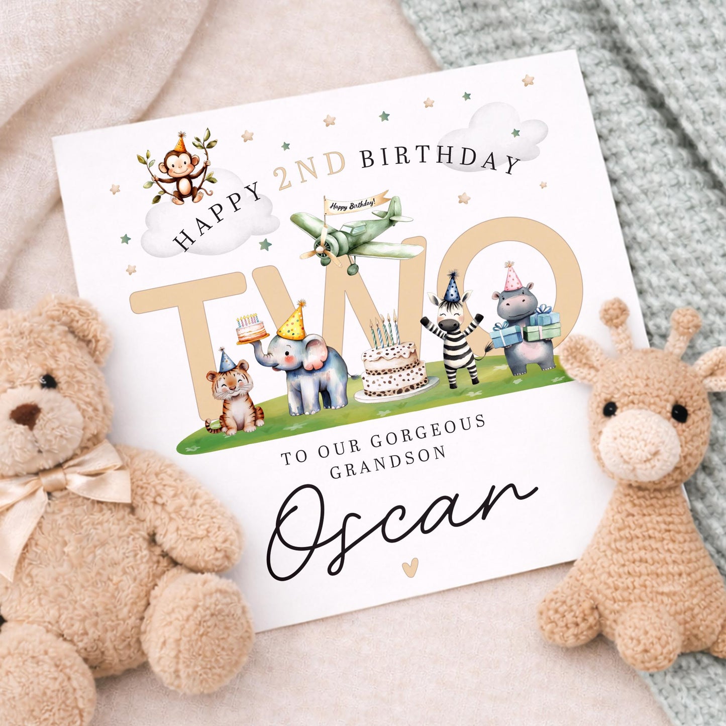 Animal 2nd Birthday Card For Boy, Grandson, Son luxury Card, Birthday Gift, Second Birthday Card, Nephew 2nd Birthday FREE SHIPPING