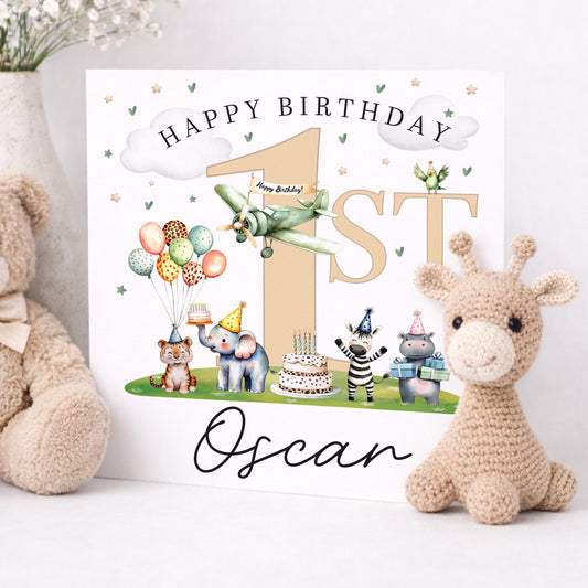 Animal 1st Birthday Card For Boy, Son 1st Birthday Card, Special First Birthday Gift For Grandson, First Birthday Card, Nephew 1st Birthday