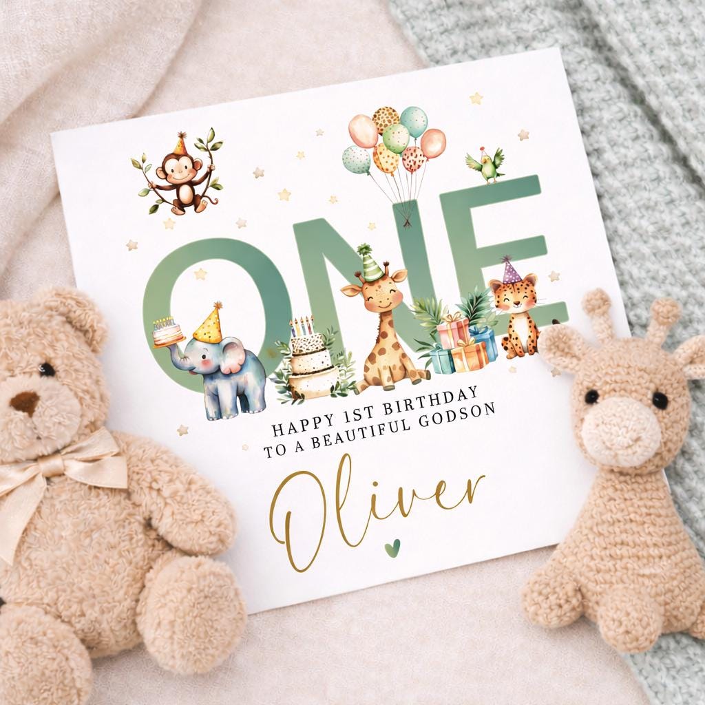 Animal 1st Birthday Card For Boy, Godson, 1st Birthday Card, Special First Birthday Gift, First Birthday, Godson 1st Birthday