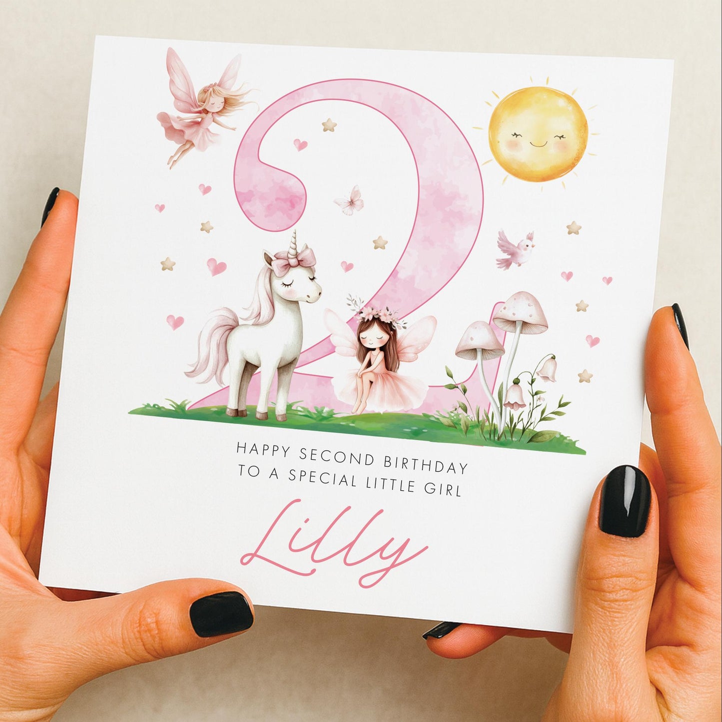 2nd Birthday Card Girl, Fairy Unicorn, Personalised Birthday Card, Girl Birthday Gift, Princess Card, Niece Granddaughter 2nd Celebration