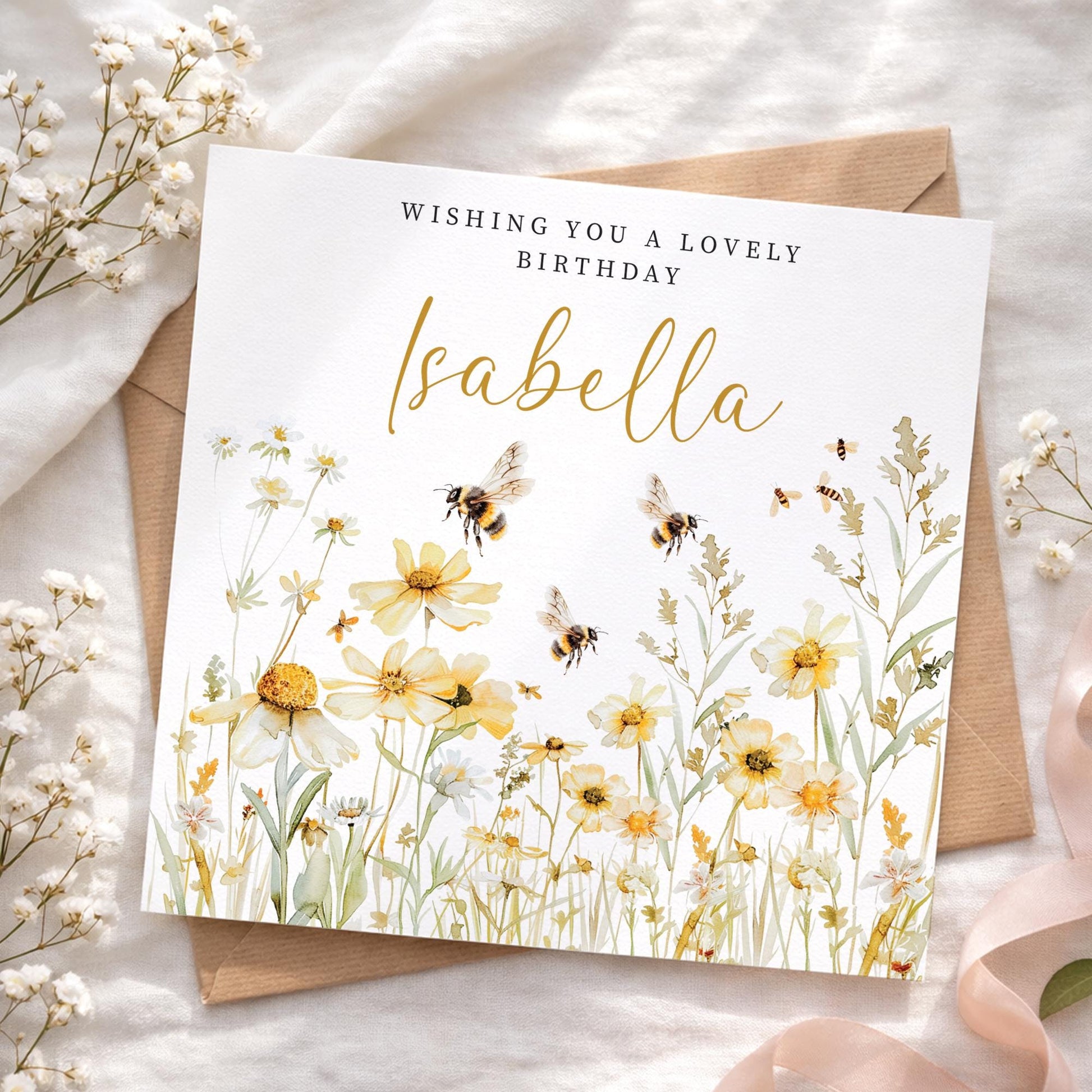 Personalised Happy Birthday Card, Tulip Handmade Card, Birthday Gift For Her, Card for Mum, Sister, Auntie, Daughter, Floral Bee card