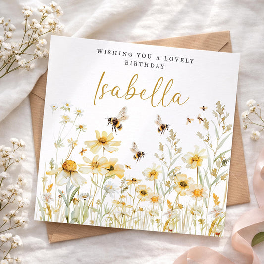 Personalised Happy Birthday Card, Tulip Handmade Card, Birthday Gift For Her, Card for Mum, Sister, Auntie, Daughter, Floral Bee card