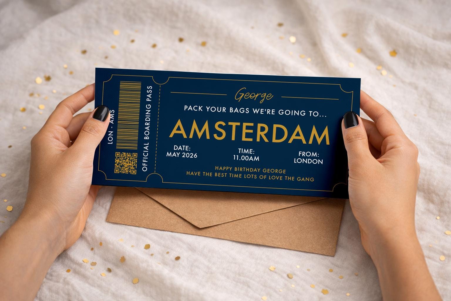 Personalised Amsterdam Gift Voucher, Birthday Boarding Pass, Custom Holiday Gift, Travel Voucher For Him Or Her, Surprise Trip Voucher