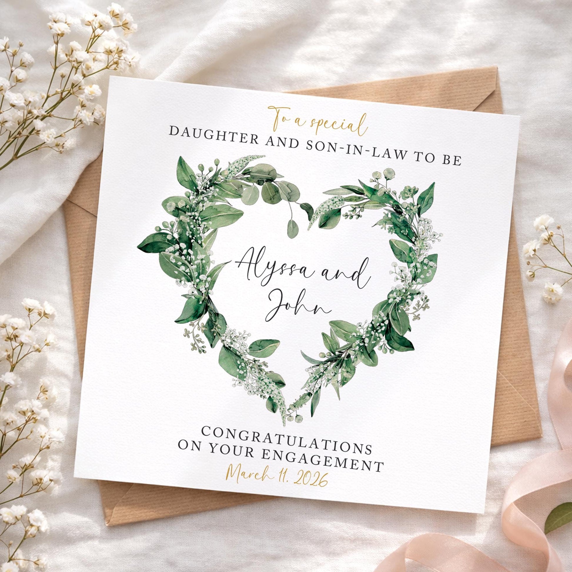 Engagement Card, Personalised Card, Son and Daughter-in-law card, Daughter and Son-in-law card, Green Floral heart Engagement card