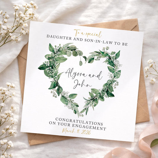 Engagement Card, Personalised Card, Son and Daughter-in-law card, Daughter and Son-in-law card, Green Floral heart Engagement card