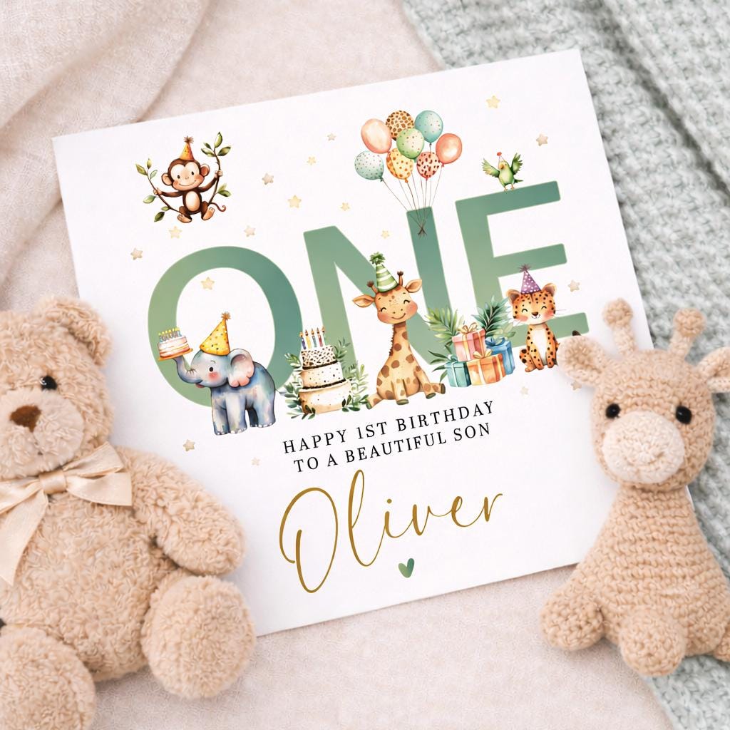 Animal 1st Birthday Card For Boy, son, Son 1st Birthday Card, Special First Birthday Gift, First Birthday Card, Son 1st Birthday