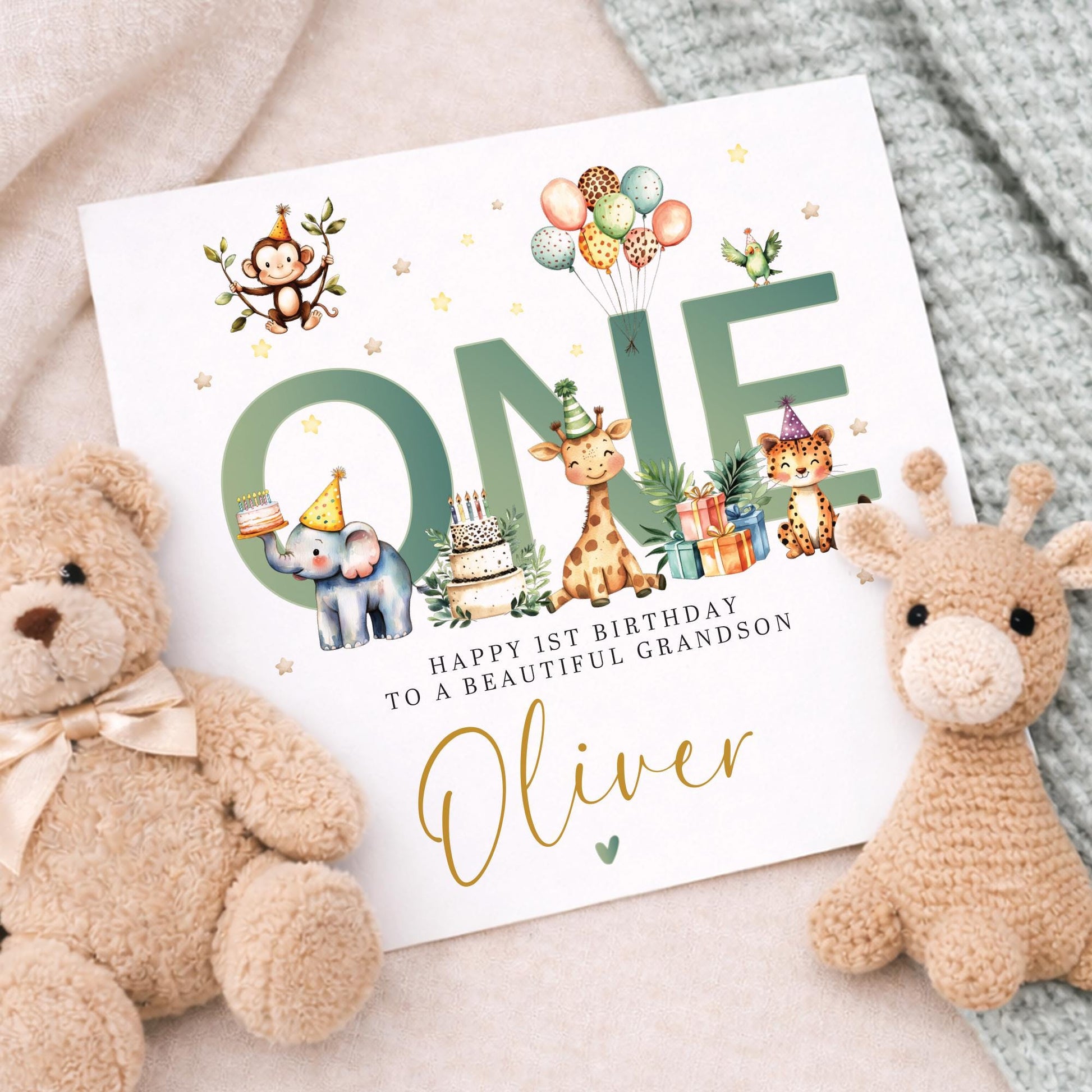 Animal 1st Birthday Card For Boy, Grandson, Grandson 1st Birthday Card, Special First Birthday Gift, First Birthday, Grandson 1st Birthday