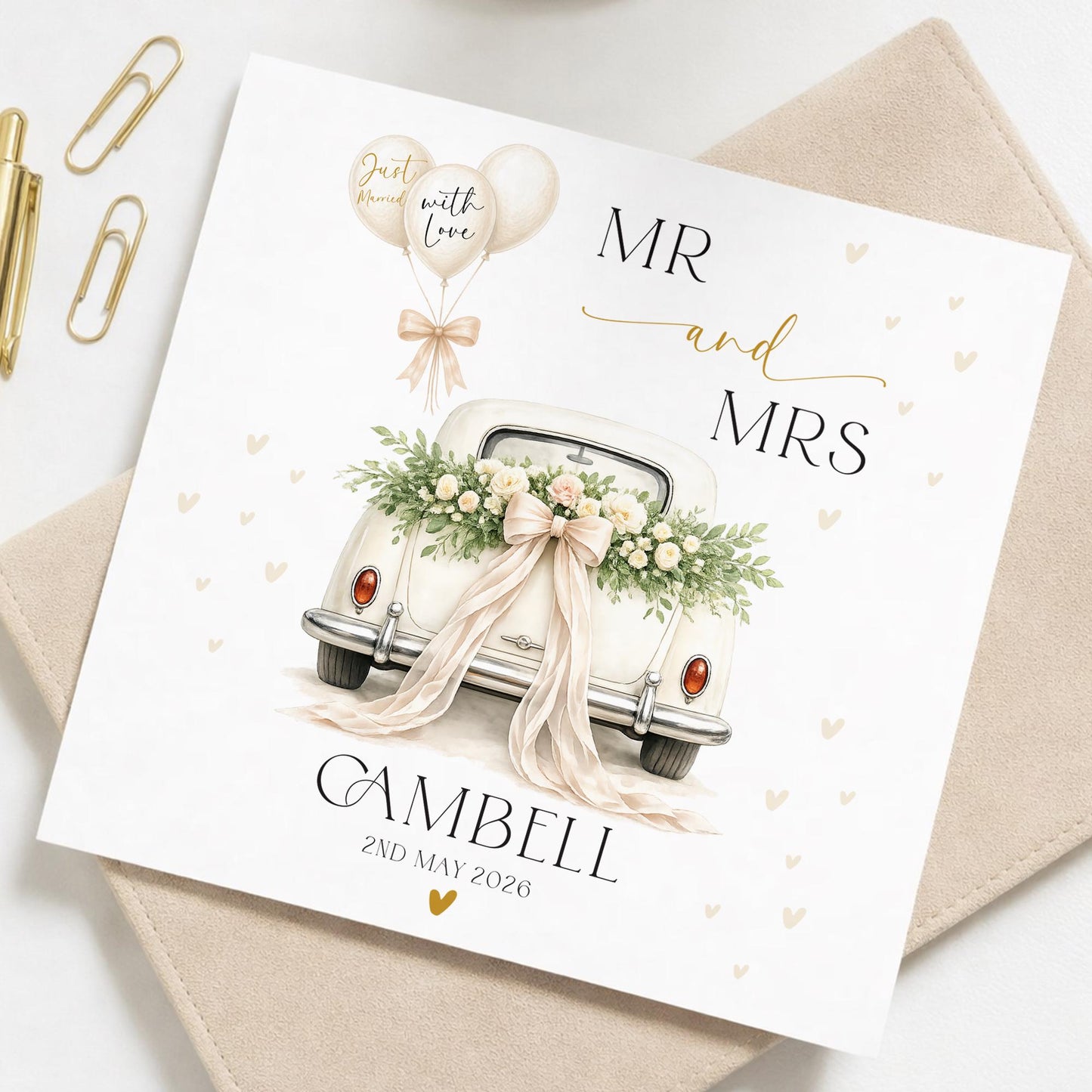 Personalised Newly Weds 2026 Wedding Card, Couple Wedding Car, Mr & Mrs / Mr Mr / Mrs Mrs, Custom Names Wedding Day Card, Free Delivery