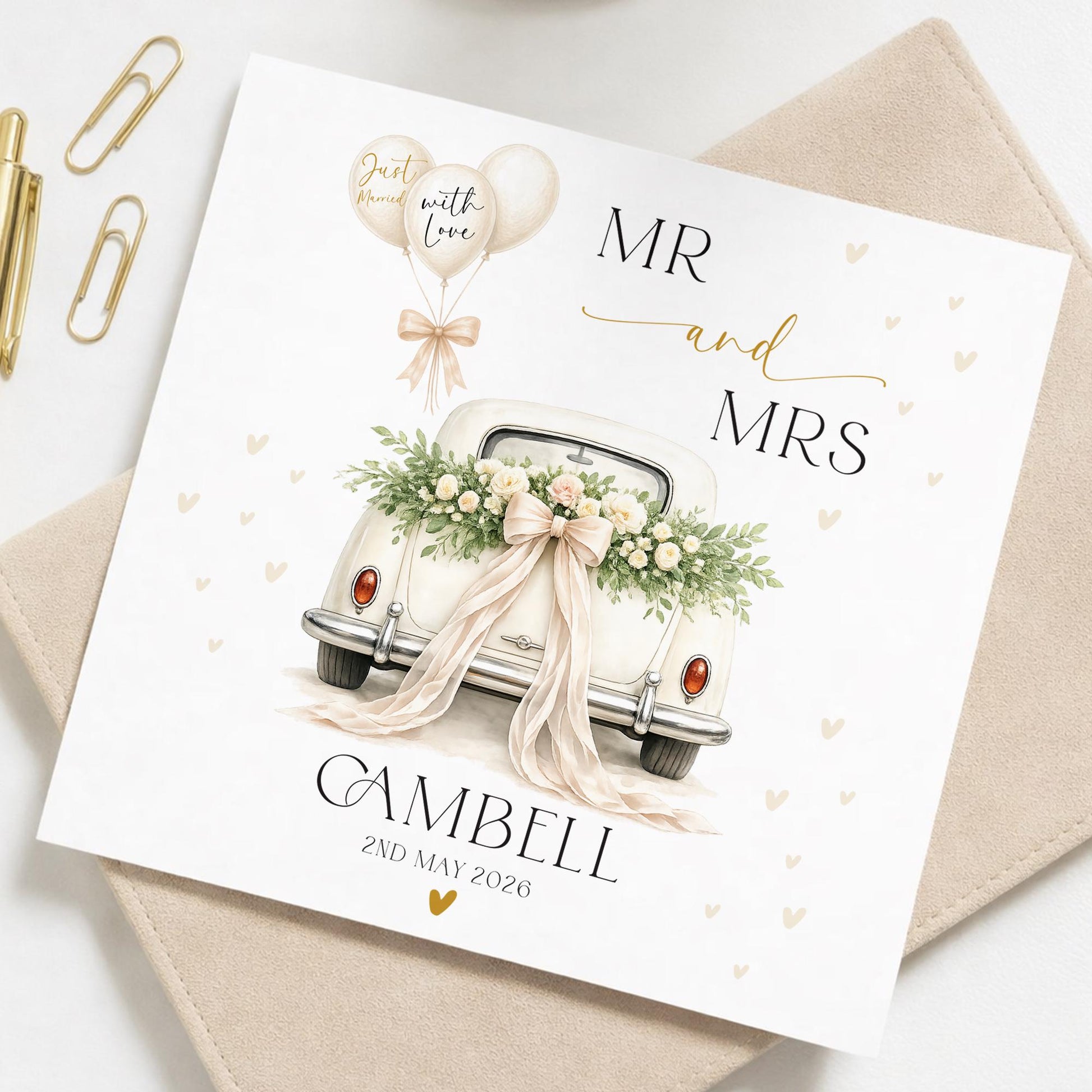 Personalised Newly Weds 2026 Wedding Card, Couple Wedding Car, Mr & Mrs / Mr Mr / Mrs Mrs, Custom Names Wedding Day Card, Free Delivery