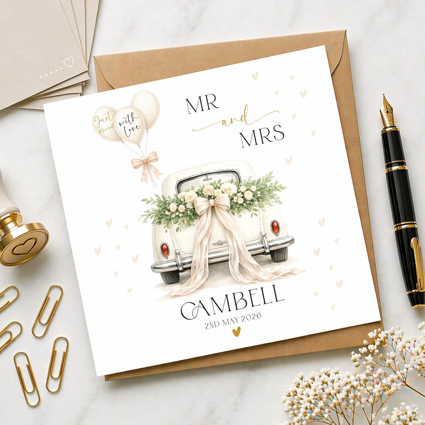 Personalised Newly Weds 2026 Wedding Card, Couple Wedding Car, Mr & Mrs / Mr Mr / Mrs Mrs, Custom Names Wedding Day Card, Free Delivery