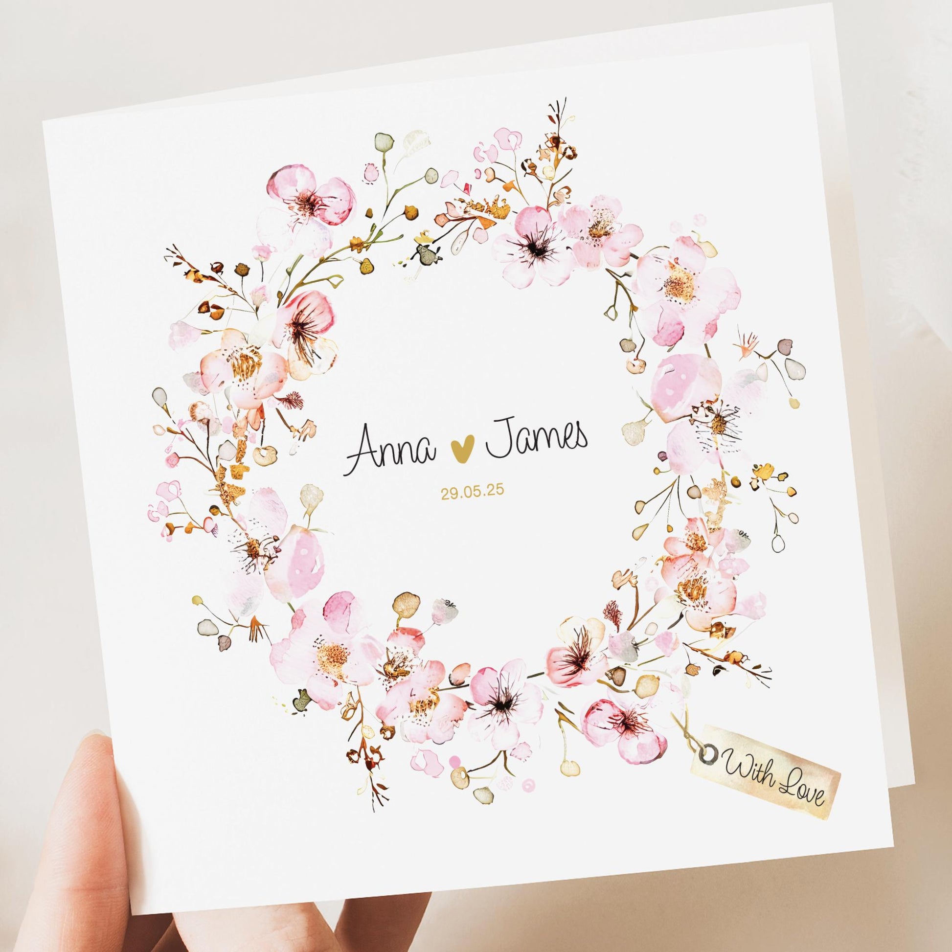 Personalised Summer Floral Wedding Card | Watercolour Cherry Blossom Congratulations Card for Newlyweds | Custom Wedding Keepsake