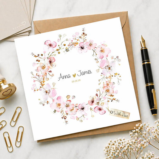 Personalised Summer Floral Wedding Card | Watercolour Cherry Blossom Congratulations Card for Newlyweds | Custom Wedding Keepsake