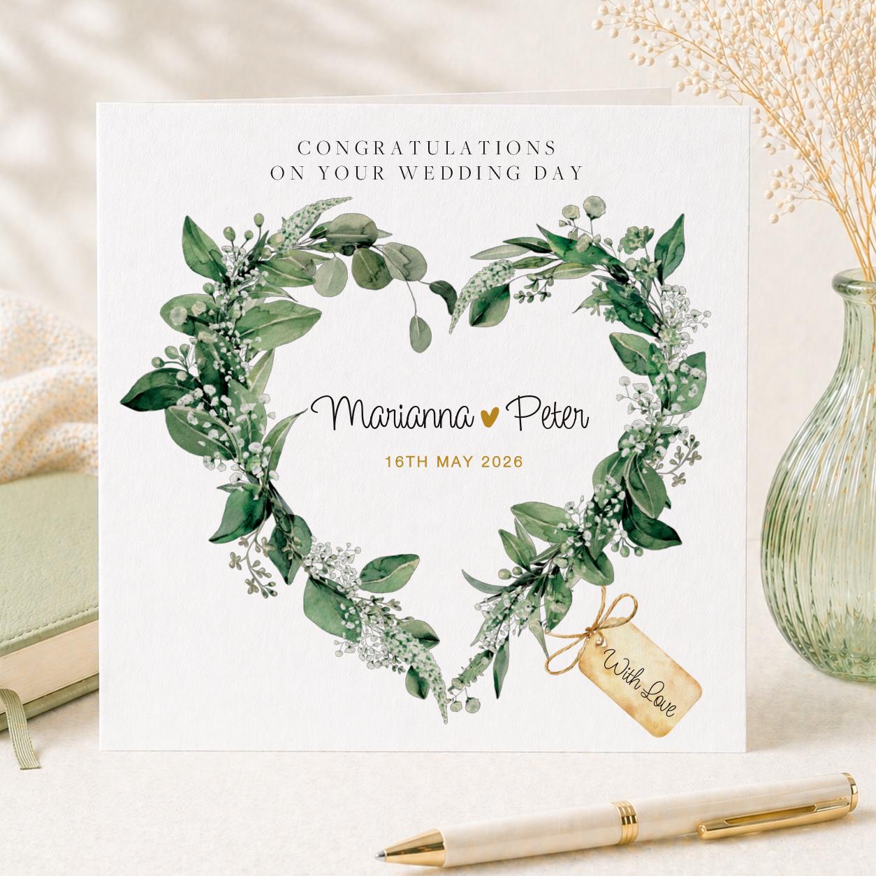 Personalised Wedding Floral Card | Newly Married Couple Greeting | Congratulations Wedding Card | Wedding Gift Card | Green Floral
