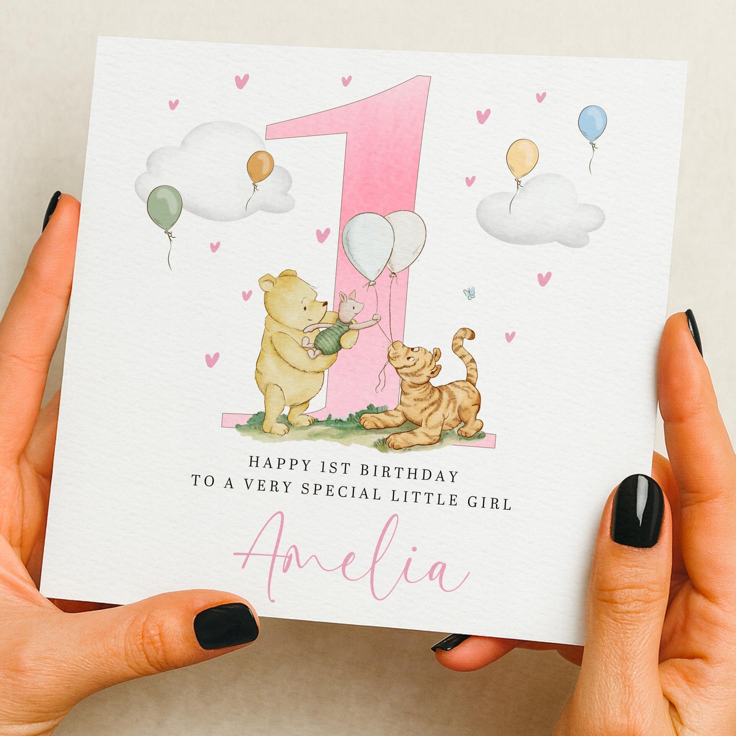 1st Birthday Card Girl, Cute First Birthday Card, Personalised 1st Birthday, Animals with balloons, Special 1st Birthday Gift, Luxury card