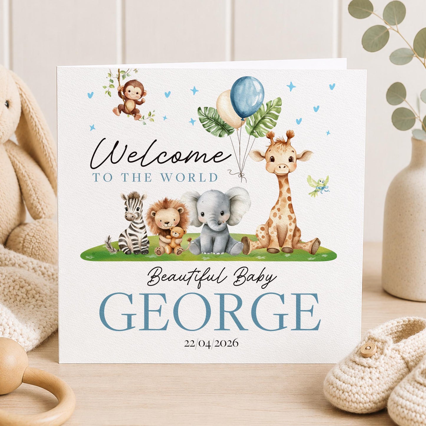 Personalised New Baby Boy Card | Welcome To The World Card | New Grandson, Son, Nephew | New Baby Card | Safari Animal | Baby Animal Card
