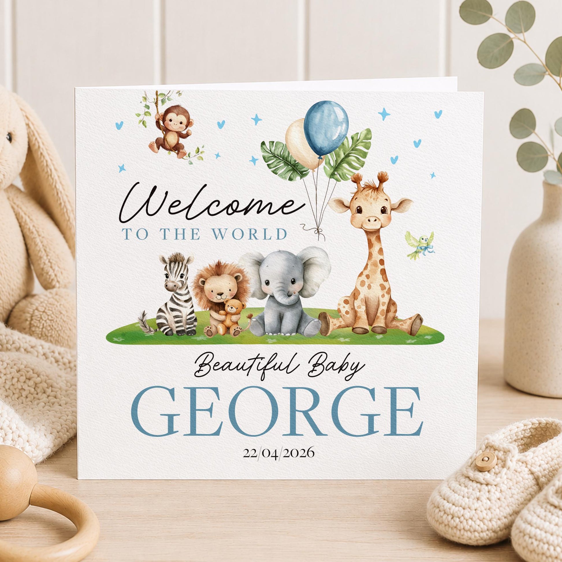 Personalised New Baby Boy Card | Welcome To The World Card | New Grandson, Son, Nephew | New Baby Card | Safari Animal | Baby Animal Card