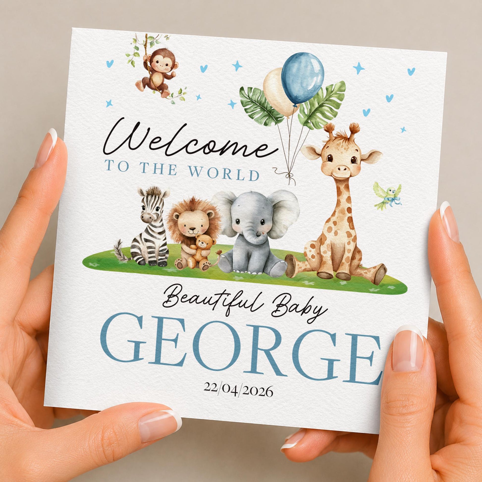 Personalised New Baby Boy Card | Welcome To The World Card | New Grandson, Son, Nephew | New Baby Card | Safari Animal | Baby Animal Card