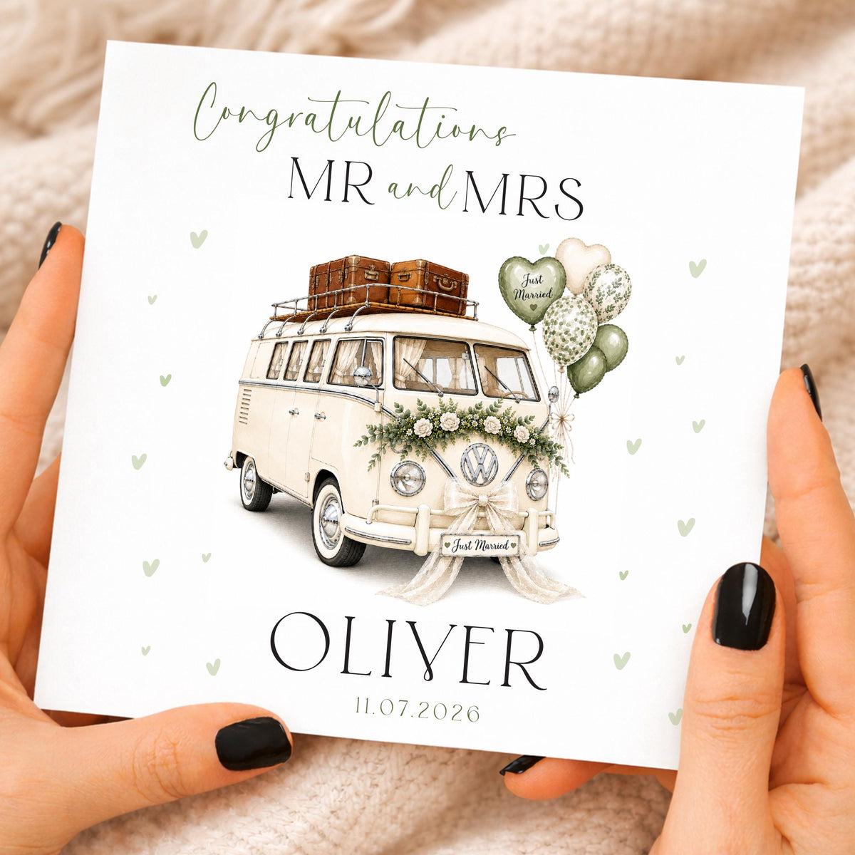 Personalised Wedding Floral Card | Newly Married Couple Greeting | Congratulations Wedding Card | Wedding Gift Card | Summer | VW camper van