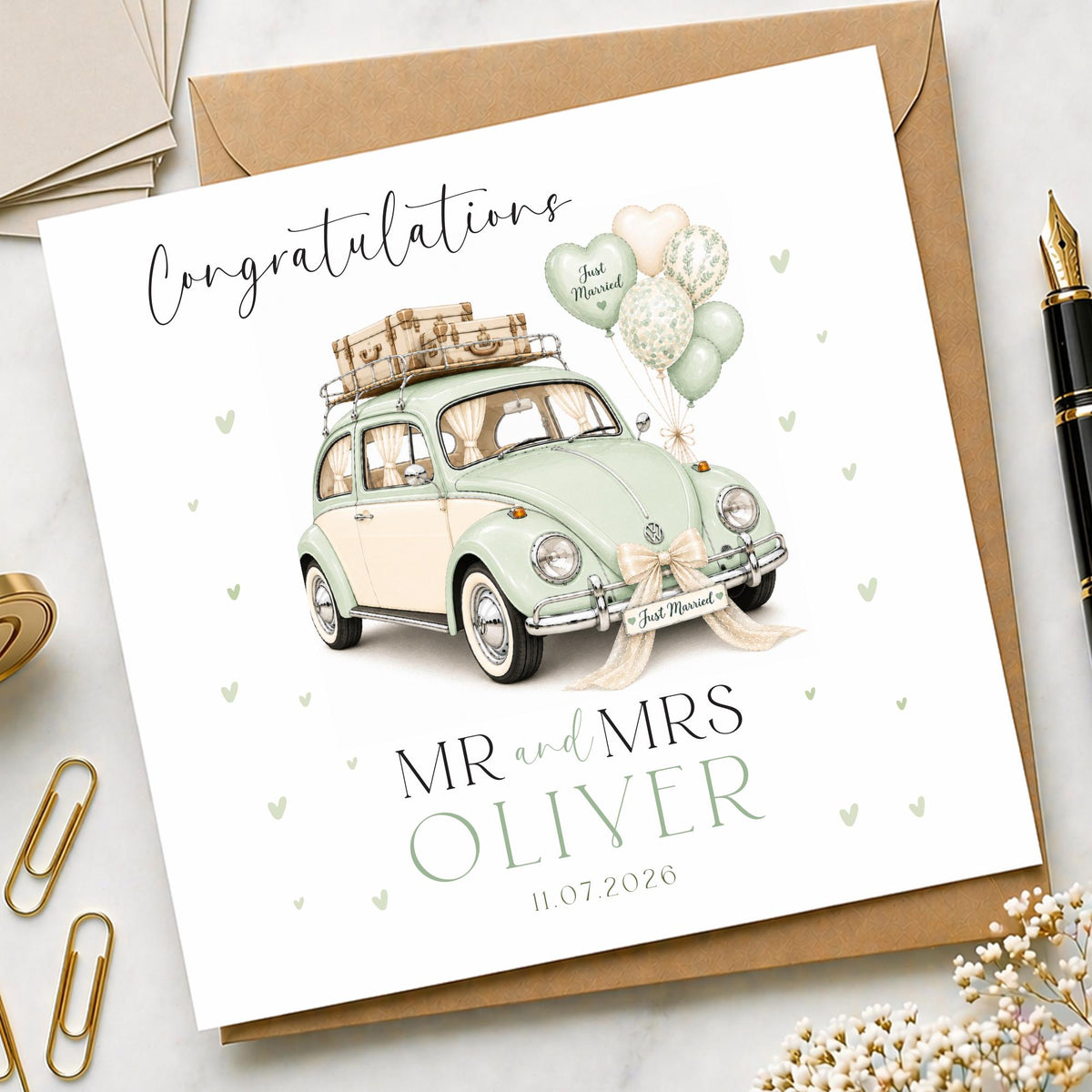 Personalised Wedding Floral Card | Newly Married Couple Greeting | Congratulations Wedding Card | Wedding Gift Card | Vw Beetle Car, Summer