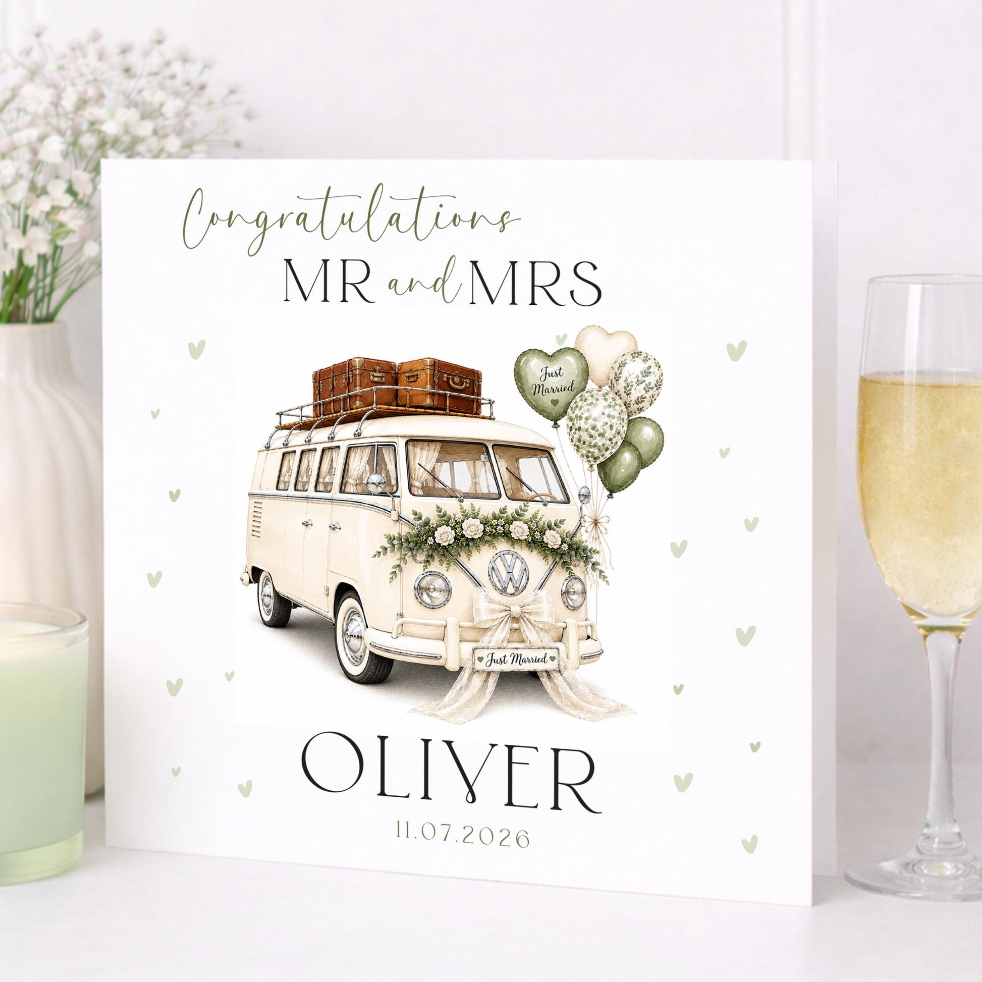 Personalised Wedding Floral Card | Newly Married Couple Greeting | Congratulations Wedding Card | Wedding Gift Card | Summer | VW camper van