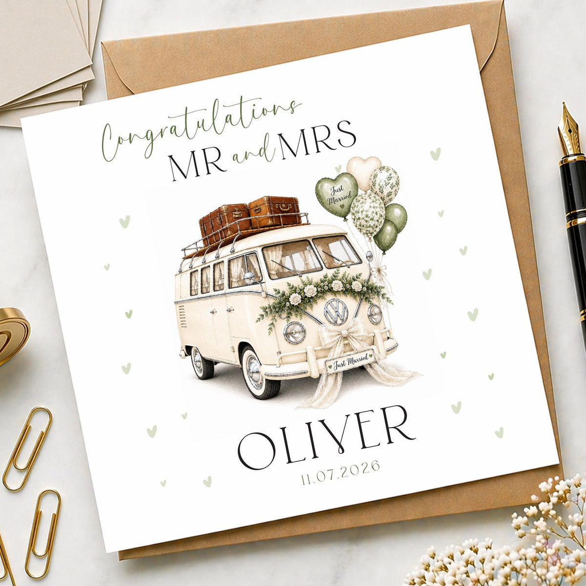 Personalised Wedding Floral Card | Newly Married Couple Greeting | Congratulations Wedding Card | Wedding Gift Card | Summer | VW camper van