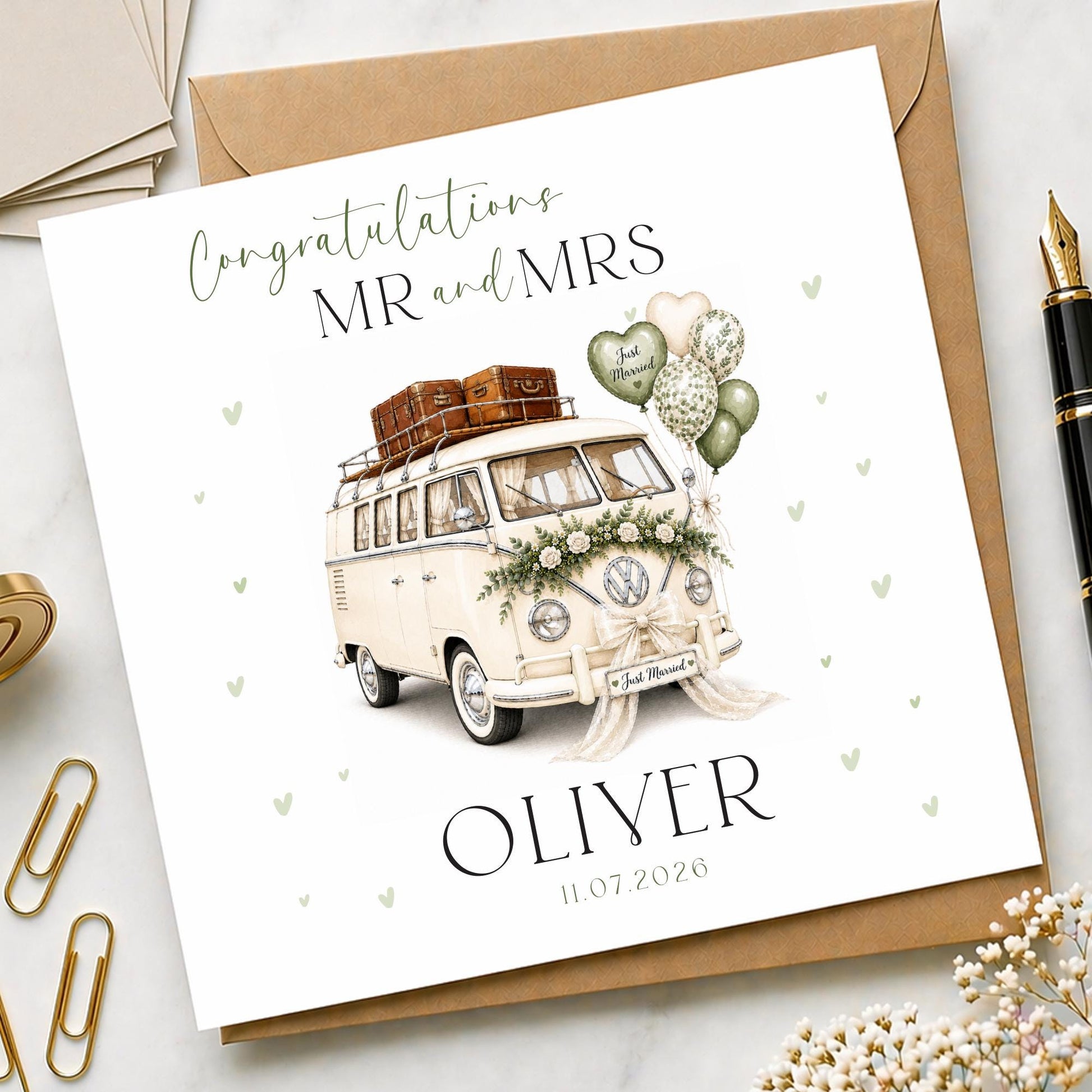 Personalised Wedding Floral Card | Newly Married Couple Greeting | Congratulations Wedding Card | Wedding Gift Card | Summer | VW camper van