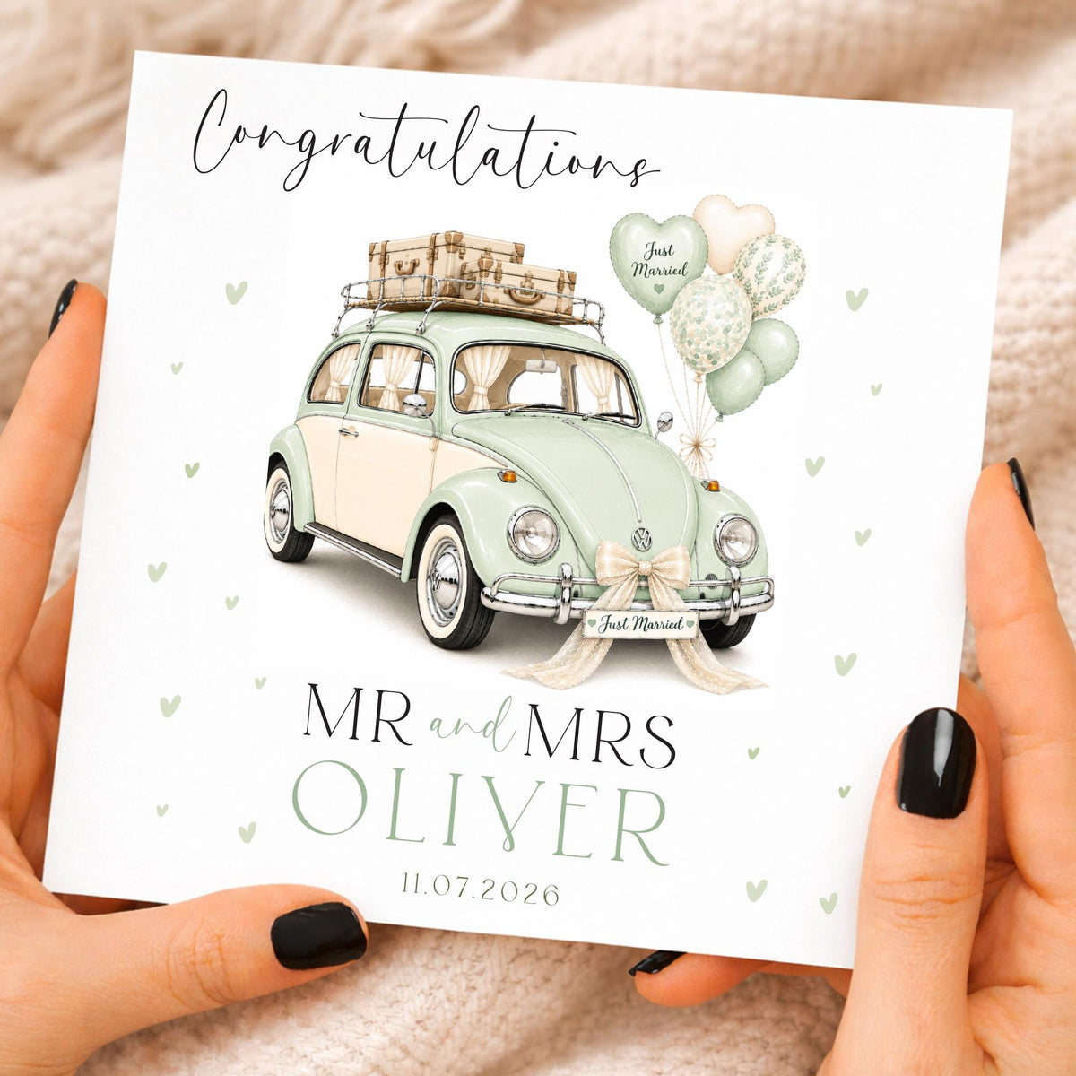 Personalised Wedding Floral Card | Newly Married Couple Greeting | Congratulations Wedding Card | Wedding Gift Card | Vw Beetle Car, Summer