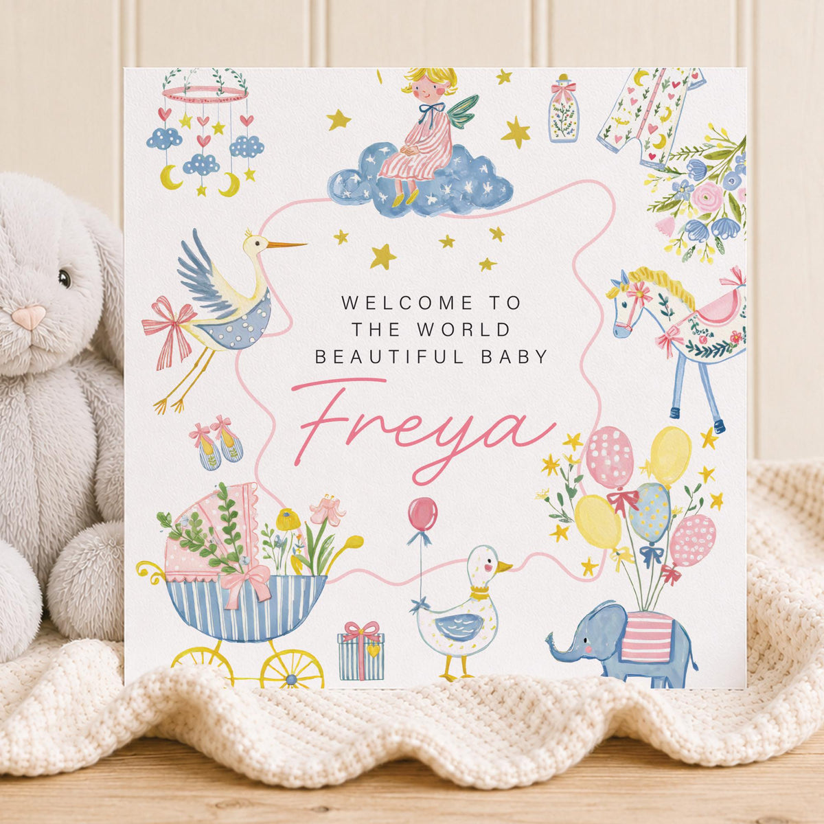 Personalised New Baby Girl Card, Welcome To The World Card, Newborn Baby Girl Card, delicate Design