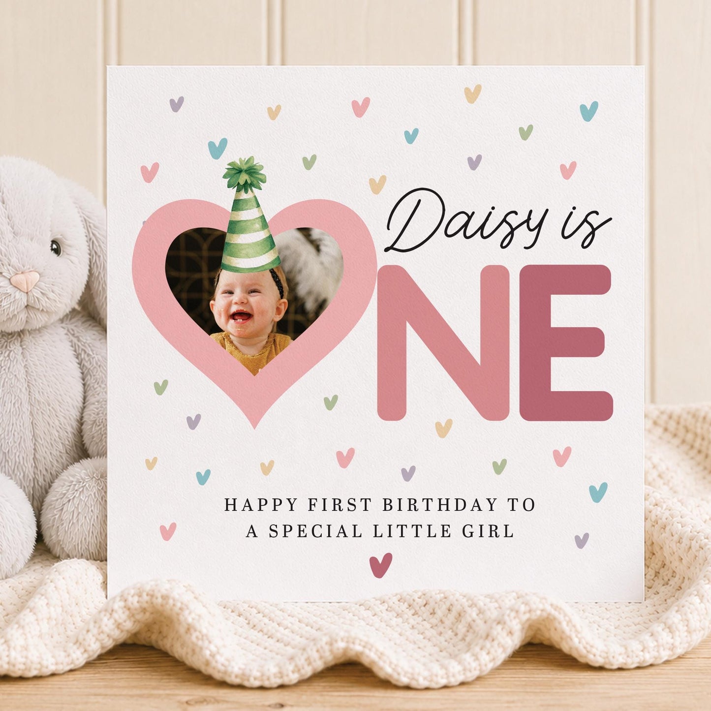 Personalised First Birthday Photo Card, 1st Fun Party Hat Style With pastel hearts