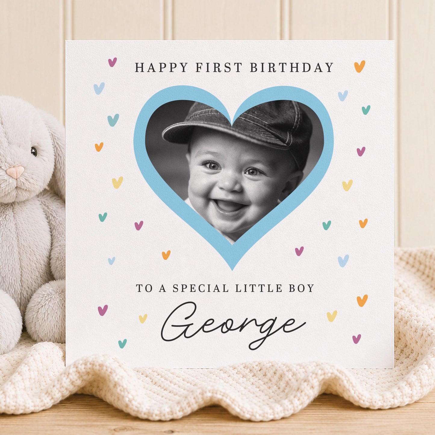 Personalised First Birthday Photo Card, Boy 1st Birthday card, Fun Party Hat Style, With pastel hearts