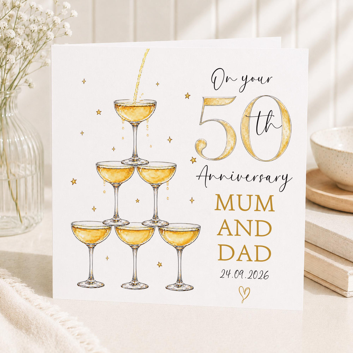Golden Wedding Anniversary Card - 50th Wedding Card, GOLDEN Anniversary - Grandparents - Mum and Dad, Friends, Congrats 50 Years Married