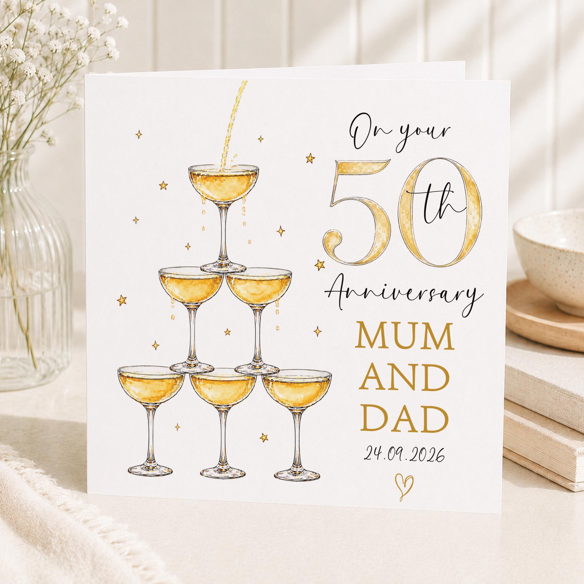 Golden Wedding Anniversary Card - 50th Wedding Card, GOLDEN Anniversary - Grandparents - Mum and Dad, Friends, Congrats 50 Years Married